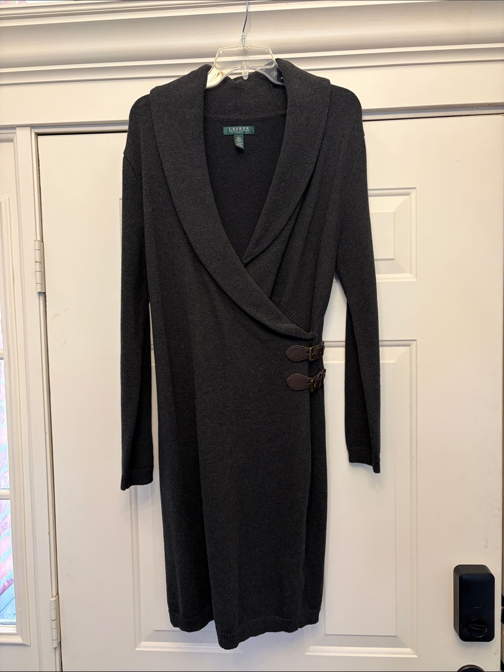Lauren Ralph Lauren Charcoal Gray Wrap Sweater Dress with Buckle Detail